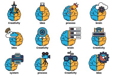 Beyin konseptinde bir dizi çizim ve sanat tarzında şeyler.