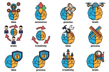 Beyin konseptinde bir dizi çizim ve sanat tarzında şeyler.