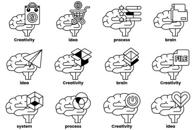 Beyin konseptinde bir dizi çizim ve sanat tarzında şeyler.