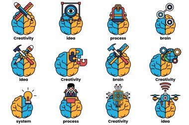 Beyin konseptinde bir dizi çizim ve sanat tarzında şeyler.