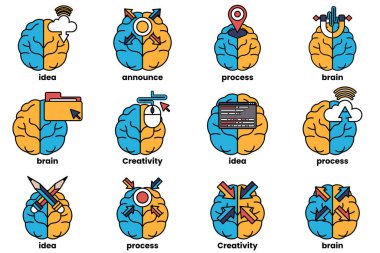 Beyin konseptinde bir dizi çizim ve sanat tarzında şeyler.