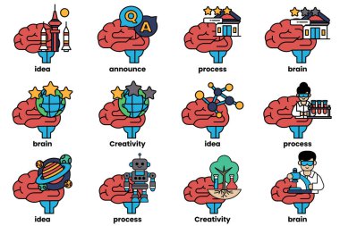 Beyin konseptinde bir dizi çizim ve sanat tarzında şeyler.