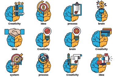 Beyin konseptinde bir dizi çizim ve sanat tarzında şeyler.