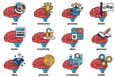 Beyin konseptinde bir dizi çizim ve sanat tarzında şeyler.