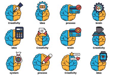 Beyin konseptinde bir dizi çizim ve sanat tarzında şeyler.