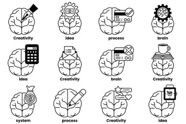 Beyin konseptinde bir dizi çizim ve sanat tarzında şeyler.
