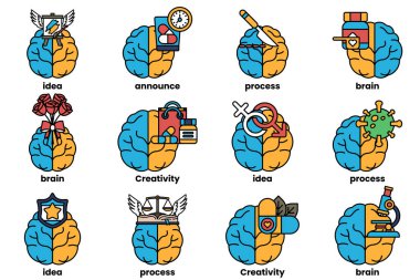 Beyin konseptinde bir dizi çizim ve sanat tarzında şeyler.