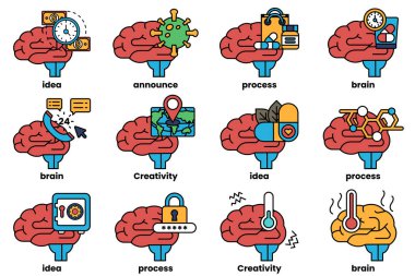 Beyin konseptinde bir dizi çizim ve sanat tarzında şeyler.