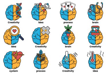 Beyin konseptinde bir dizi çizim ve sanat tarzında şeyler.