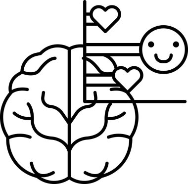 Üzerinde gülen surat ve kalp olan bir beyin. Görüntü olumlu ve mutlu bir ruh hali taşır.