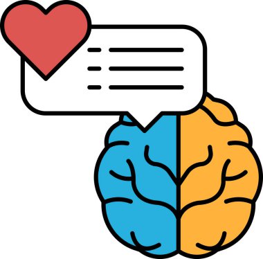 Üzerinde kalp olan bir beyin. Kalp kırmızıdır, beyin mavi ve sarıdır.