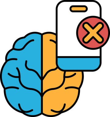 Üzerinde X harfi olan telefonu olan bir beyin. Beyin mavi ve turuncu