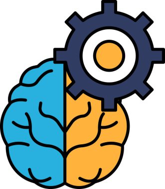 Önünde vites olan bir beyin. Beyin mavi ve turuncu renktedir. Teçhizat siyah beyaz.