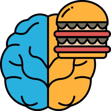 Bir beyin ve bir hamburger yan yana gösterilir. Beyin mavi ve hamburger sarıdır. Bu görüntü, sağlıksız besin yemenin beyin fonksiyonlarını olumsuz etkilediği fikrini iletiyor.