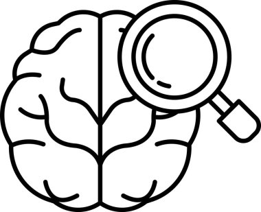 Üzerinde büyüteç olan bir beyin. Beyin beyazdır ve büyüteç siyahtır.