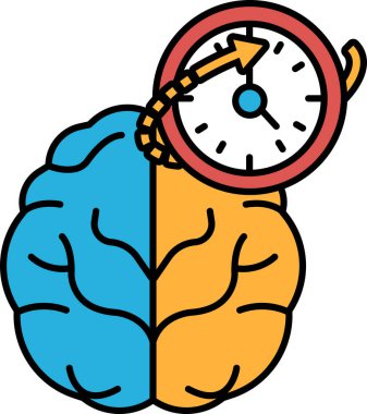 Üzerinde saat olan bir beyin. Saat 10: 00 'u gösteriyor. Beyin ikiye bölünür, bir yarısı mavi, diğer yarısı turuncu olur.