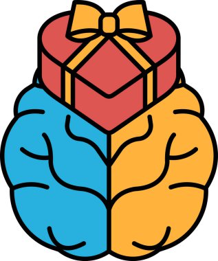 Üzerinde kırmızı ve mavi kalp olan bir beyin. Beyin ikiye bölünmüş, kırmızı yarısı solda, mavi yarısı sağda.