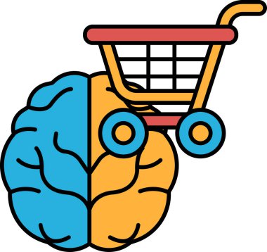Üstünde alışveriş sepeti olan bir beyin. Beyin ikiye bölünür, biri mavi ve biri sarı. Araba turuncu ve kırmızı.