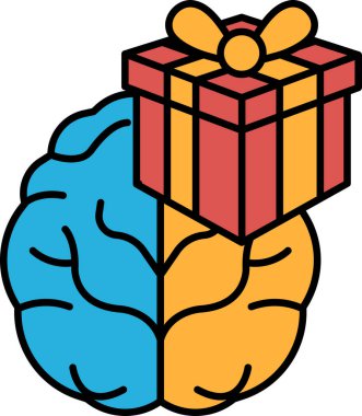 Bir beyin ve üstünde kırmızı kurdele olan bir kutu. Beyin mavi ve sarıdır. Beyin ve kutu birbirine bağlı bir şekilde birbirine bağlıdır.