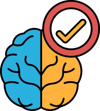 Ortasında işaret olan bir beyin. Kontrol işareti beynin işlevinin olumlu bir onayını ya da onayını temsil ediyor. Beyin ikiye bölünür, yarısı mavi olur.