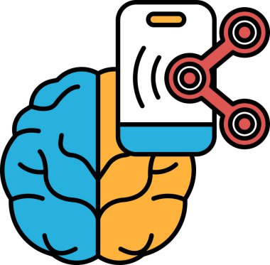 Ortasında bir telefon olan bir beyin. Telefon kırmızı ve mavi dizaynlı akıllı bir telefondur. Sahne gelecek ve teknolojiktir.