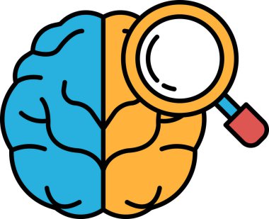 Üzerinde büyüteç olan bir beyin. Beyin ikiye bölünür, biri mavi ve biri sarı. Büyüteç turuncu ve kırmızı. Beynin iç işleyişini keşfetme kavramı