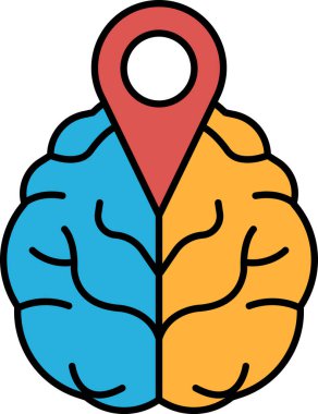 Üzerinde kırmızı nokta olan bir beyin. Beyin ikiye bölünür, biri mavi ve biri turuncu.