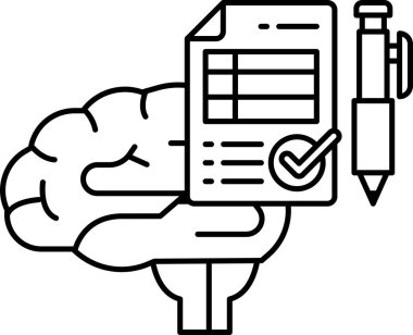Üzerinde kontrol işareti olan bir kağıt ve kalem tutan bir beyin. Not alan ya da liste yapan kişi kavramı, muhtemelen iş ya da kişisel kullanım için.