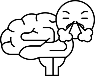 Üzerinde insan yüzü olan bir beyin karikatürü. Adam burnunu tutuyor ve yüzünü buruşturuyor.