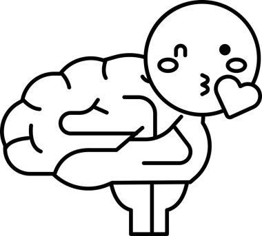 Üzerinde kalp olan bir beyin karikatürü. Çizimler sevimli ve eğlenceli.