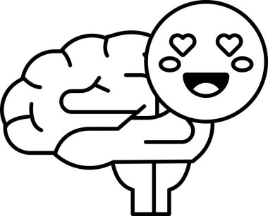 Üzerinde kalp olan bir beyin. Beyin gülümsüyor ve kalp gülümsüyor. Mutluluk ve pozitiflik kavramı