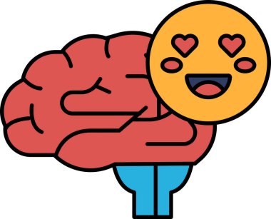 Üzerinde kalp ve gülen yüz olan bir çizgi film beyni. Beyin kırmızıdır ve kalp sarıdır. Mutluluk ve sevgi kavramı