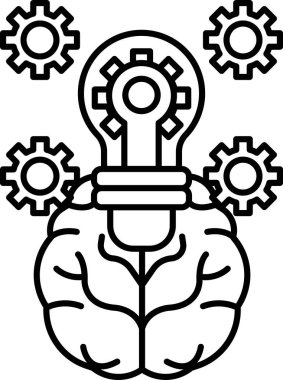 Üzerinde ampul olan bir beynin siyah beyaz çizimi. Dişliler farklı boyutlarda ve beynin her tarafına dağılmış.