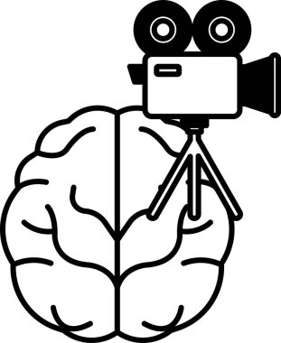 Üzerinde bir kamera olan bir beyin. Kamera bir tripodun üzerinde. Beyin siyah beyazdır.