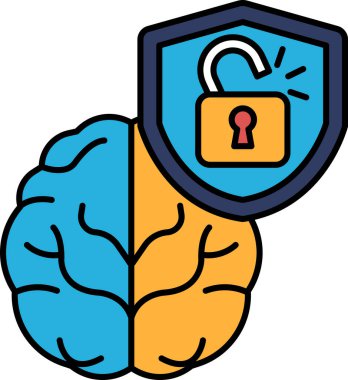 Üzerinde kilit olan bir beyin. Kilit, beynin sağ tarafındadır. Beyin mavi ve turuncu