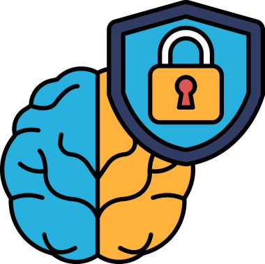 Üzerinde kilit olan bir beyin. Kilit, beynin sağ tarafındadır. Beyin mavi ve sarıdır.