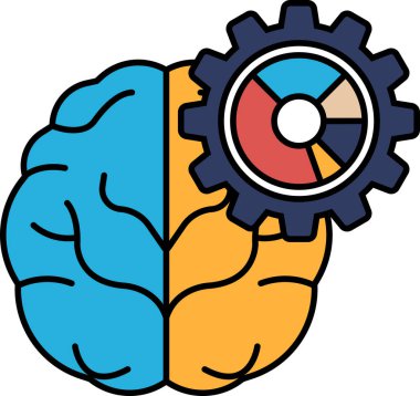 Ortasında vites olan bir beyin. Beyin mavi ve sarıdır. Beynin birçok parçası olan karmaşık bir makine olduğu düşüncesi, ekipman da dahil.