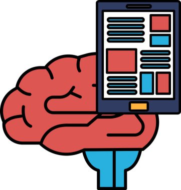 Cep telefonu tutan bir beyin. Beyin kırmızı ve mavi.