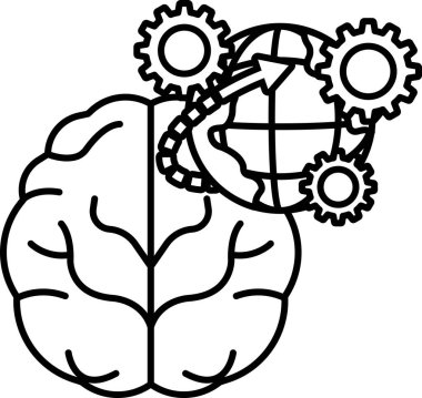 Bir beyin karikatürü, etrafında küre ve çarklar var.