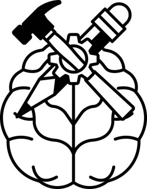 Üzerinde çekiç ve kalem olan bir beyin.