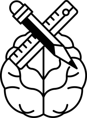 Üzerinde kalem ve cetvel olan bir beyin çizimi.