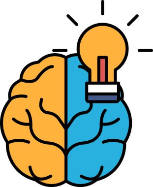 Ortasında ampul olan bir beyin. Ampul yanıyor ve beyin iki parçaya bölünüyor. Yaratıcılık ve zeka kavramı