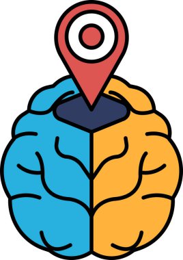 Ortasında kırmızı nokta olan bir beyin. Beyin ikiye bölünür, biri mavi ve biri turuncu. Kırmızı nokta bir işarettir, bu da ilgi odağı olduğunu gösterir.