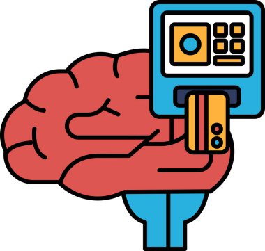 Bir beyin, bir makinenin önünde kredi kartı tutuyor. Bir kişinin kredi kartını satın almak için kullanması fikri. Sahne rahat ve rahat.