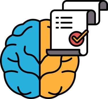 Kağıt üzerinde kontrol işareti olan bir beyin. Beyin mavi ve turuncu renktedir. Gazetenin üzerinde kontrol işareti var.