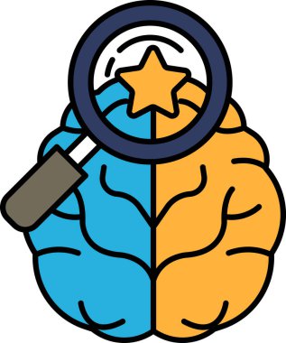 Üzerinde büyüteç olan bir beyin. Beyin ikiye bölünür, biri mavi ve biri turuncu.