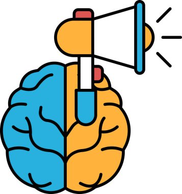 Ortasında mikrofon olan bir beyin. Beyin ikiye bölünür, biri mavi ve biri sarı. Mikrofon beynin mavi yarısını işaret ediyor.