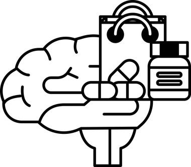 Bir torba hap ve bir şişe hap tutan bir beyin.