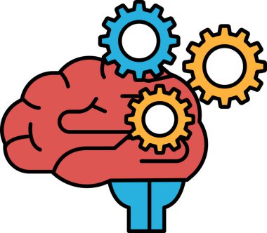 Üzerinde dişliler olan bir beyin. Vitesler turuncu ve mavi. Beyin kırmızıdır.