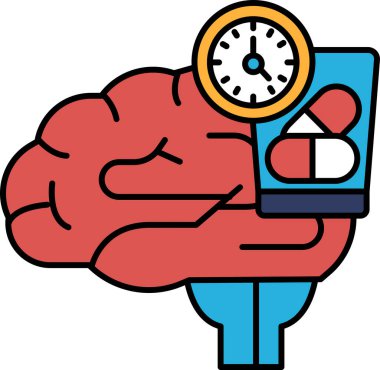 Hap şişesi ve saat tutan bir beyin karikatürü. Saat 10: 00 'u gösteriyor.